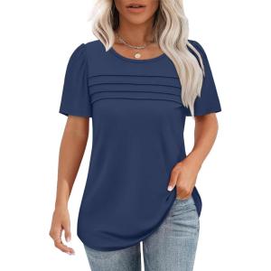 imageOFEEFAN Womens T Shirts Short Sleeve Tops Dressy Casual Blouses Spring Summer Outfits Flowy Pleated Front Scooped Neck2navy
