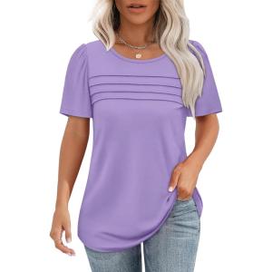 imageOFEEFAN Womens T Shirts Short Sleeve Tops Dressy Casual Blouses Spring Summer Outfits Flowy Pleated Front Scooped Neck2purple