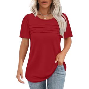 imageOFEEFAN Womens T Shirts Short Sleeve Tops Dressy Casual Blouses Spring Summer Outfits Flowy Pleated Front Scooped Neck2red