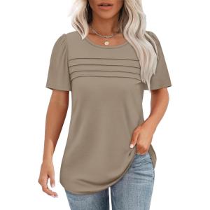 imageOFEEFAN Womens T Shirts Short Sleeve Tops Dressy Casual Blouses Spring Summer Outfits Flowy Pleated Front Scooped Neck2sand