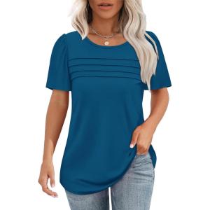 imageOFEEFAN Womens T Shirts Short Sleeve Tops Dressy Casual Blouses Spring Summer Outfits Flowy Pleated Front Scooped Neck2teal Blue