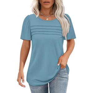 imageOFEEFAN Womens T Shirts Short Sleeve Tops Dressy Casual Blouses Spring Summer Outfits Flowy Pleated Front Scooped Neck2turquoise