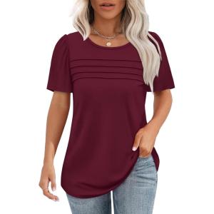 imageOFEEFAN Womens T Shirts Short Sleeve Tops Dressy Casual Blouses Spring Summer Outfits Flowy Pleated Front Scooped Neck2wine Red