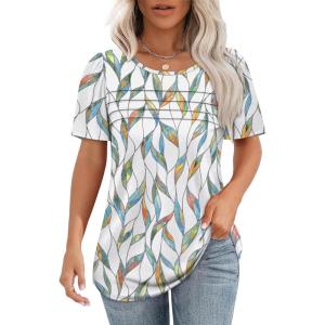 imageOFEEFAN Womens T Shirts Short Sleeve Tops Dressy Casual Blouses Spring Summer Outfits Flowy Pleated Front Scooped Neck3floral Leaf