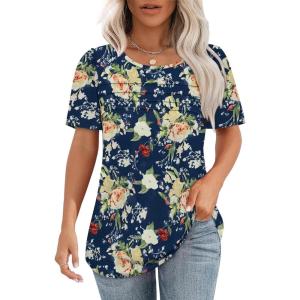 imageOFEEFAN Womens T Shirts Short Sleeve Tops Dressy Casual Blouses Spring Summer Outfits Flowy Pleated Front Scooped Neck3floral Navy