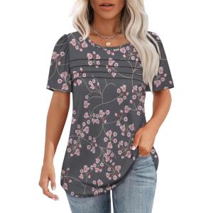 imageOFEEFAN Womens T Shirts Short Sleeve Tops Dressy Casual Blouses Spring Summer Outfits Flowy Pleated Front Scooped Neck3floral Pink