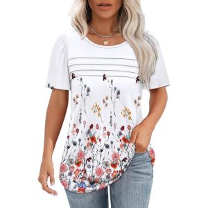 imageOFEEFAN Womens T Shirts Short Sleeve Tops Dressy Casual Blouses Spring Summer Outfits Flowy Pleated Front Scooped Neck3floral Red