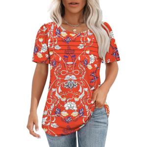 imageOFEEFAN Womens T Shirts Short Sleeve Tops Dressy Casual Blouses Spring Summer Outfits Flowy Pleated Front Scooped Neck4floral Red