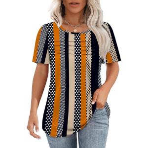 imageOFEEFAN Womens T Shirts Short Sleeve Tops Dressy Casual Blouses Spring Summer Outfits Flowy Pleated Front Scooped Neck4striped Dots