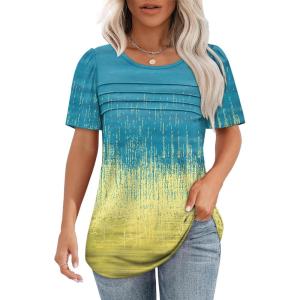 imageOFEEFAN Womens T Shirts Short Sleeve Tops Dressy Casual Blouses Spring Summer Outfits Flowy Pleated Front Scooped Neck4tiedye Yellow