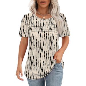 imageOFEEFAN Womens T Shirts Short Sleeve Tops Dressy Casual Blouses Spring Summer Outfits Flowy Pleated Front Scooped Neck5beige Black