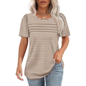 imageOFEEFAN Womens T Shirts Short Sleeve Tops Dressy Casual Blouses Spring Summer Outfits Flowy Pleated Front Scooped Neck5brown White