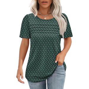 imageOFEEFAN Womens T Shirts Short Sleeve Tops Dressy Casual Blouses Spring Summer Outfits Flowy Pleated Front Scooped Neck5deep Teal