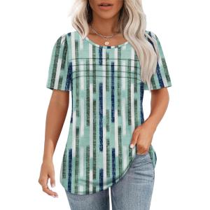 imageOFEEFAN Womens T Shirts Short Sleeve Tops Dressy Casual Blouses Spring Summer Outfits Flowy Pleated Front Scooped Neck5green Stripes