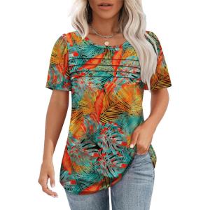 imageOFEEFAN Womens T Shirts Short Sleeve Tops Dressy Casual Blouses Spring Summer Outfits Flowy Pleated Front Scooped Neck5orange Blue Palm
