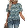 imageOFEEFAN Shirts for Women Short Sleeve Tops Pleated Crew Neck Casual Summer Fashion Tops Loose FitZfloral Blue