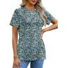 imageOFEEFAN Shirts for Women Short Sleeve Tops Pleated Crew Neck Casual Summer Fashion Tops Loose FitZfloral Blue