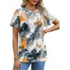 imageOFEEFAN Shirts for Women Short Sleeve Tops Pleated Crew Neck Casual Summer Fashion Tops Loose FitZfloral Yellow