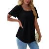 imageOFEEFAN T Shirts for Women Pleated Square Neck Dressy Casual Blouses Puff Short Sleeve Summer Tops Loose FitBlack