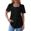 imageOFEEFAN T Shirts for Women Pleated Square Neck Dressy Casual Blouses Puff Short Sleeve Summer Tops Loose FitBlack