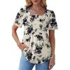 imageOFEEFAN T Shirts for Women Pleated Square Neck Dressy Casual Blouses Puff Short Sleeve Summer Tops Loose FitBlack White Floral