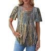 imageOFEEFAN T Shirts for Women Pleated Square Neck Dressy Casual Blouses Puff Short Sleeve Summer Tops Loose FitBlue Yellow Dot