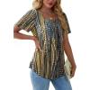 imageOFEEFAN T Shirts for Women Pleated Square Neck Dressy Casual Blouses Puff Short Sleeve Summer Tops Loose FitBlue Yellow Dot