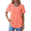 imageOFEEFAN T Shirts for Women Pleated Square Neck Dressy Casual Blouses Puff Short Sleeve Summer Tops Loose FitCoral