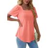 imageOFEEFAN T Shirts for Women Pleated Square Neck Dressy Casual Blouses Puff Short Sleeve Summer Tops Loose FitCoral
