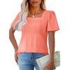 imageOFEEFAN T Shirts for Women Pleated Square Neck Dressy Casual Blouses Puff Short Sleeve Summer Tops Loose FitCoral