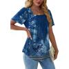 imageOFEEFAN T Shirts for Women Pleated Square Neck Dressy Casual Blouses Puff Short Sleeve Summer Tops Loose FitFloral Blue White