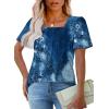 imageOFEEFAN T Shirts for Women Pleated Square Neck Dressy Casual Blouses Puff Short Sleeve Summer Tops Loose FitFloral Blue White