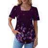 imageOFEEFAN T Shirts for Women Pleated Square Neck Dressy Casual Blouses Puff Short Sleeve Summer Tops Loose FitFloral Purple