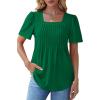imageOFEEFAN T Shirts for Women Pleated Square Neck Dressy Casual Blouses Puff Short Sleeve Summer Tops Loose FitGreen