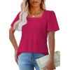 imageOFEEFAN T Shirts for Women Pleated Square Neck Dressy Casual Blouses Puff Short Sleeve Summer Tops Loose FitHot Pink