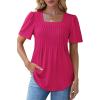 imageOFEEFAN T Shirts for Women Pleated Square Neck Dressy Casual Blouses Puff Short Sleeve Summer Tops Loose FitHot Pink