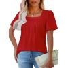 imageOFEEFAN T Shirts for Women Pleated Square Neck Dressy Casual Blouses Puff Short Sleeve Summer Tops Loose FitRed