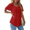 imageOFEEFAN T Shirts for Women Pleated Square Neck Dressy Casual Blouses Puff Short Sleeve Summer Tops Loose FitRed