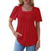 imageOFEEFAN T Shirts for Women Pleated Square Neck Dressy Casual Blouses Puff Short Sleeve Summer Tops Loose FitRed