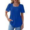 imageOFEEFAN T Shirts for Women Pleated Square Neck Dressy Casual Blouses Puff Short Sleeve Summer Tops Loose FitRoyal Blue