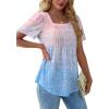 imageOFEEFAN T Shirts for Women Pleated Square Neck Dressy Casual Blouses Puff Short Sleeve Summer Tops Loose FitTie Die Pink