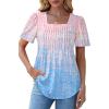 imageOFEEFAN T Shirts for Women Pleated Square Neck Dressy Casual Blouses Puff Short Sleeve Summer Tops Loose FitTie Die Pink