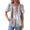 imageOFEEFAN T Shirts for Women Pleated Square Neck Dressy Casual Blouses Puff Short Sleeve Summer Tops Loose FitTie Dye White