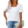 imageOFEEFAN T Shirts for Women Pleated Square Neck Dressy Casual Blouses Puff Short Sleeve Summer Tops Loose FitWhite