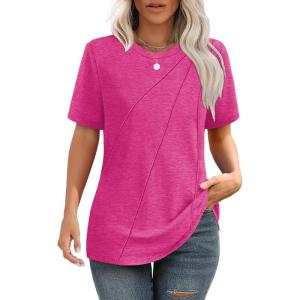 imageOFEEFAN Shirts for Women Short Sleeve Tops Pleated Crew Neck Casual Summer Fashion Tops Loose FitPink