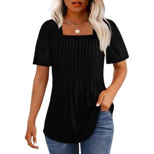 imageOFEEFAN T Shirts for Women Pleated Square Neck Dressy Casual Blouses Puff Short Sleeve Summer Tops Loose FitBlack