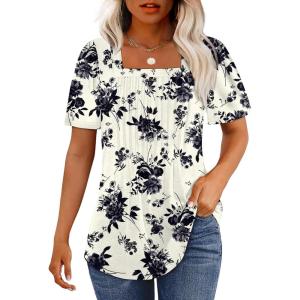 imageOFEEFAN T Shirts for Women Pleated Square Neck Dressy Casual Blouses Puff Short Sleeve Summer Tops Loose FitBlack White Floral