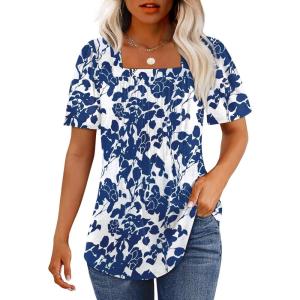 imageOFEEFAN T Shirts for Women Pleated Square Neck Dressy Casual Blouses Puff Short Sleeve Summer Tops Loose FitBlue Floral