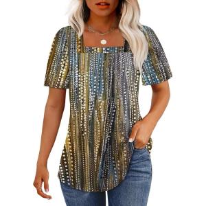 imageOFEEFAN T Shirts for Women Pleated Square Neck Dressy Casual Blouses Puff Short Sleeve Summer Tops Loose FitBlue Yellow Dot