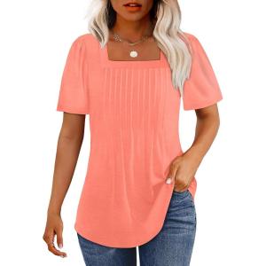 imageOFEEFAN T Shirts for Women Pleated Square Neck Dressy Casual Blouses Puff Short Sleeve Summer Tops Loose FitCoral